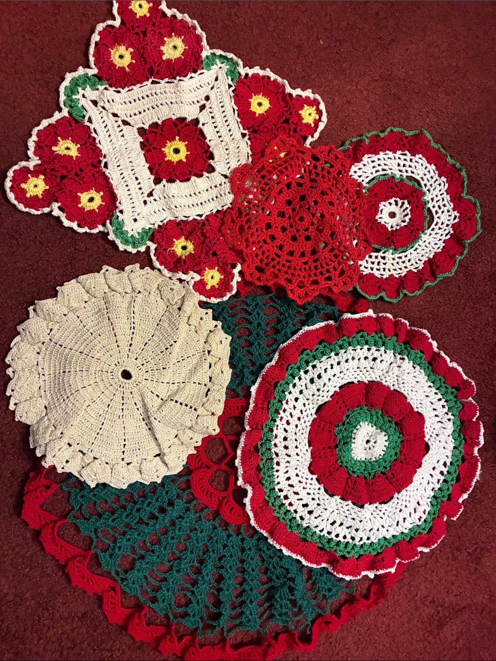 Large 22 pc lot of Handmade Holiday Crochet Doilies in Red, Green and Cream